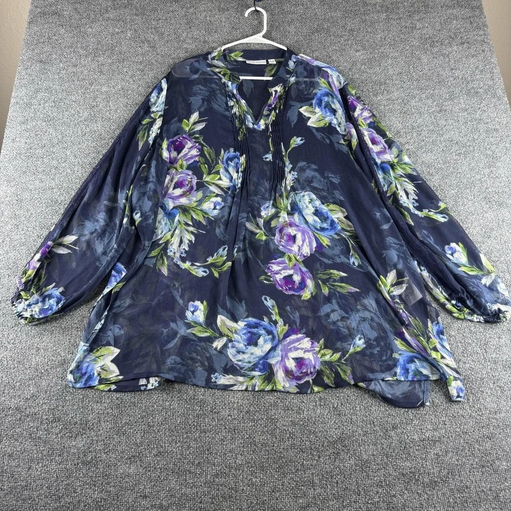 Susan Graver Blouse Womens Plus 2X Multicolor Floral V Neck Chiffon Top Office